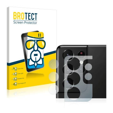Front side of a product packaging with the brand logo BROTECT. Next to it is the device Samsung Galaxy S21 Ultra 5G (ONLY Came