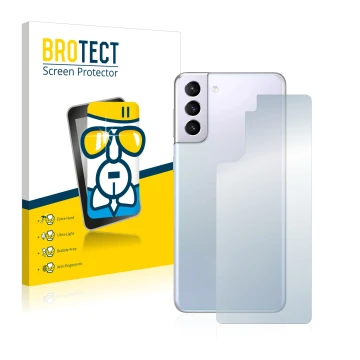 Front side of a product packaging with the brand logo BROTECT. Next to it is the device Samsung Galaxy S21 5G (Back) shown wit