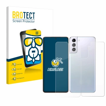 Front side of a product packaging with the brand logo BROTECT. Next to it is the device Samsung Galaxy S21 Plus 5G (Front+Back