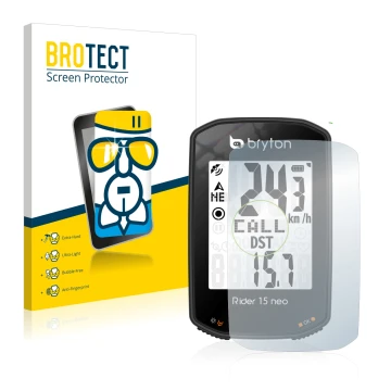 Front side of a product packaging with the brand logo BROTECT. Next to it is the device Bryton Rider 15 neo shown with the cor