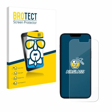 Front side of a product packaging with the brand logo BROTECT. Next to it is the device Apple iPhone 13 Pro Max shown with the