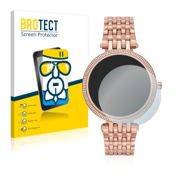 Front side of a product packaging with the brand logo BROTECT. Next to it is the device Michael Kors Access Darci Gen 5E shown
