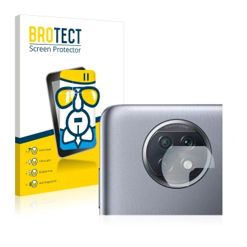 Front side of a product packaging with the brand logo BROTECT. Next to it is the device Xiaomi Redmi Note 9T 5G (ONLY Camera L