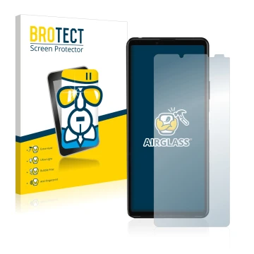 Front side of a product packaging with the brand logo BROTECT. Next to it is the device Sony Xperia 10 III shown with the corr