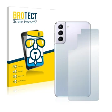 Front side of a product packaging with the brand logo BROTECT. Next to it is the device Samsung Galaxy S21 (Back) shown with t