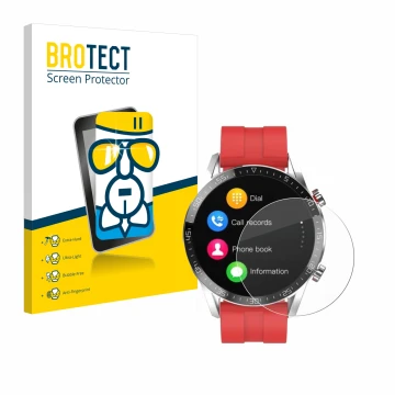 Front side of a product packaging with the brand logo BROTECT. Next to it is the device Gentleman Smartwatch shown with the co