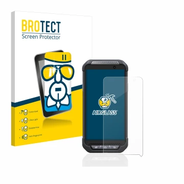 Front side of a product packaging with the brand logo BROTECT. Next to it is the device Point Mobile PM85 shown with the corre