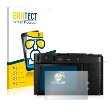 Front side of a product packaging with the brand logo BROTECT. Next to it is the device Fujifilm X-E4 shown with the correspon