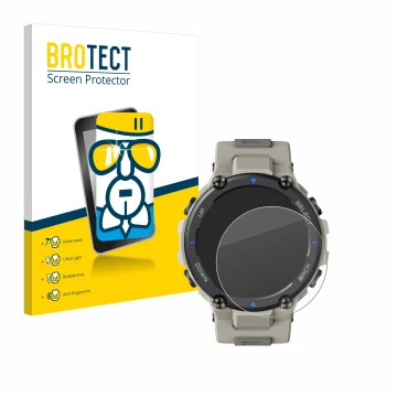 Front side of a product packaging with the brand logo BROTECT. Next to it is the device Huami Amazfit T-Rex Pro shown with the