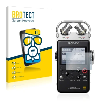 Front side of a product packaging with the brand logo BROTECT. Next to it is the device Sony PCM D100 shown with the correspon