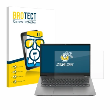 Front side of a product packaging with the brand logo BROTECT. Next to it is the device Lenovo ThinkPad T14 Gen 2 shown with t