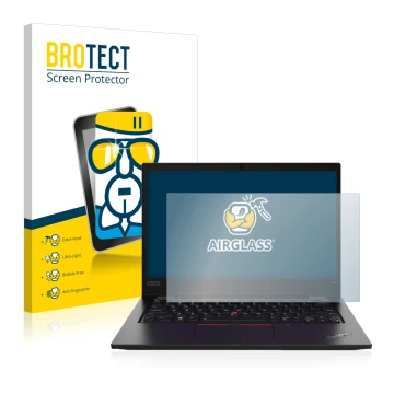Front side of a product packaging with the brand logo BROTECT. Next to it is the device Lenovo ThinkPad L13 Gen 2 shown with t