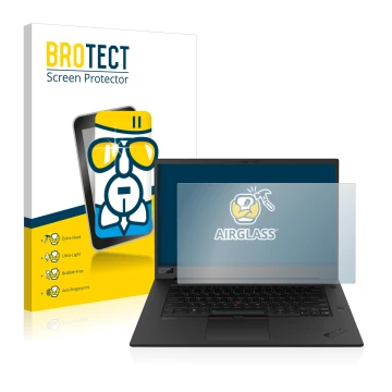 Front side of a product packaging with the brand logo BROTECT. Next to it is the device Lenovo ThinkPad P1 Gen 3 shown with th