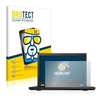 Front side of a product packaging with the brand logo BROTECT. Next to it is the device Lenovo ThinkPad P15 shown with the cor