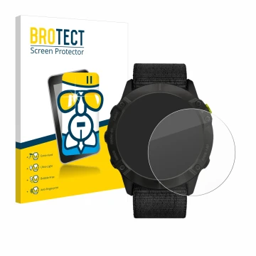 Front side of a product packaging with the brand logo BROTECT. Next to it is the device Garmin Enduro shown with the correspon