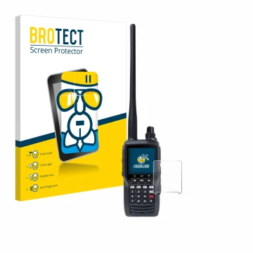 Front side of a product packaging with the brand logo BROTECT. Next to it is the device Yaesu FTA-550 shown with the correspon