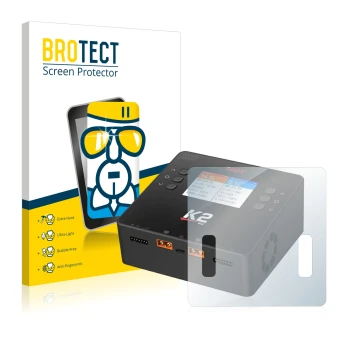 Front side of a product packaging with the brand logo BROTECT. Next to it is the device ISDT Smart Duo Charger K2 shown with t