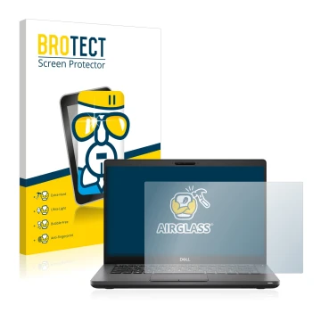 Front side of a product packaging with the brand logo BROTECT. Next to it is the device Dell Latitude 5410 shown with the corr