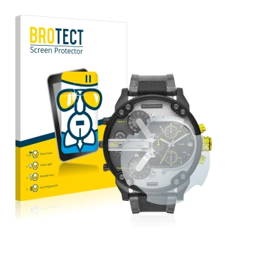 Front side of a product packaging with the brand logo BROTECT. Next to it is the device Diesel DZ7422 Mr. Daddy 2.0 shown with