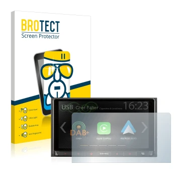 Front side of a product packaging with the brand logo BROTECT. Next to it is the device Zenec Z-N528 shown with the correspond