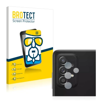 Front side of a product packaging with the brand logo BROTECT. Next to it is the device Samsung Galaxy A52 (ONLY Camera Lens) 