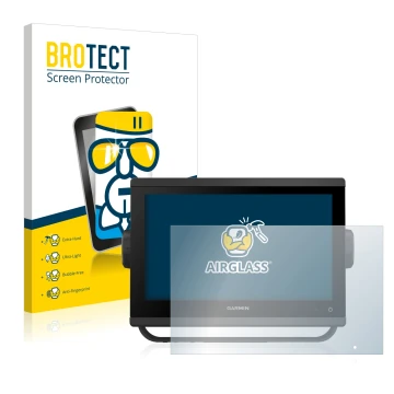 Front side of a product packaging with the brand logo BROTECT. Next to it is the device Garmin GPSMAP 923 shown with the corre