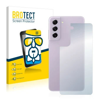 Front side of a product packaging with the brand logo BROTECT. Next to it is the device Samsung Galaxy S21 FE 5G (Back) shown 