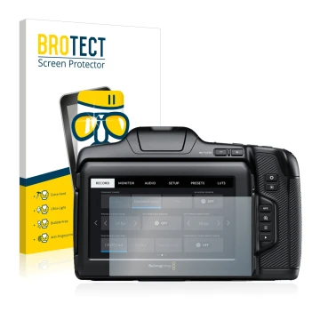 Front side of a product packaging with the brand logo BROTECT. Next to it is the device Blackmagic Pocket Cinema Camera 6K Pro