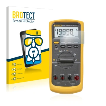 Front side of a product packaging with the brand logo BROTECT. Next to it is the device Fluke 87v shown with the corresponding