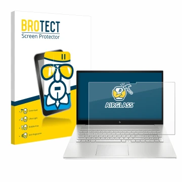 Front side of a product packaging with the brand logo BROTECT. Next to it is the device HP Envy 17-cX shown with the correspon