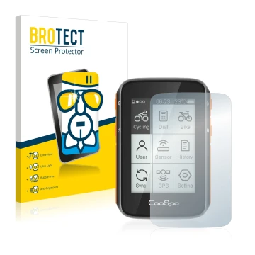 Front side of a product packaging with the brand logo BROTECT. Next to it is the device CooSpo BC200 shown with the correspond