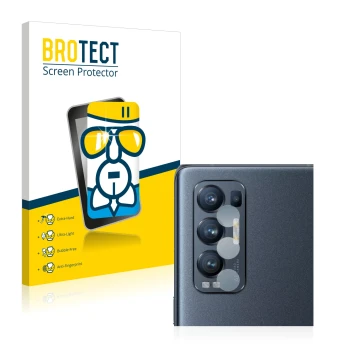 Front side of a product packaging with the brand logo BROTECT. Next to it is the device Oppo Find X3 Neo (ONLY Camera Lens) sh