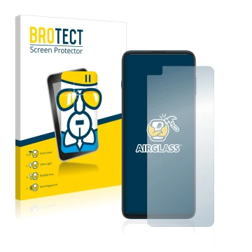 Front side of a product packaging with the brand logo BROTECT. Next to it is the device Motorola G100 shown with the correspon