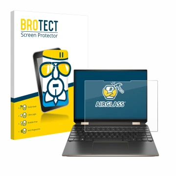 Front side of a product packaging with the brand logo BROTECT. Next to it is the device HP Spectre x360 (14-eX) 2021 shown wit