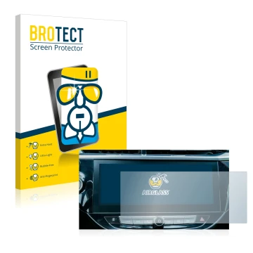 Front side of a product packaging with the brand logo BROTECT. Next to it is the device Opel Corsa-e 2020 Infotainment System 
