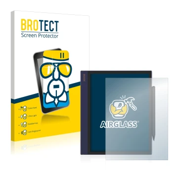 Front side of a product packaging with the brand logo BROTECT. Next to it is the device Boox Note Air shown with the correspon