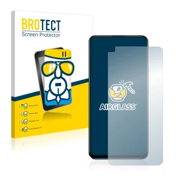 Front side of a product packaging with the brand logo BROTECT. Next to it is the device realme 8 shown with the corresponding 