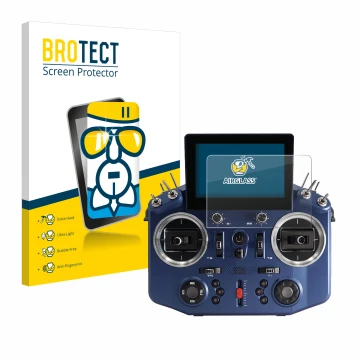 Front side of a product packaging with the brand logo BROTECT. Next to it is the device FrSky Horus X20 shown with the corresp