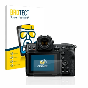 Front side of a product packaging with the brand logo BROTECT. Next to it is the device Nikon Z 8 shown with the corresponding