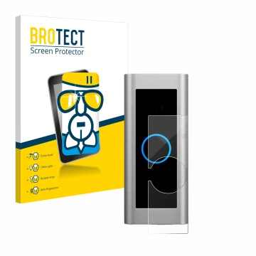 Front side of a product packaging with the brand logo BROTECT. Next to it is the device Ring Video Doorbell Pro 2 shown with t