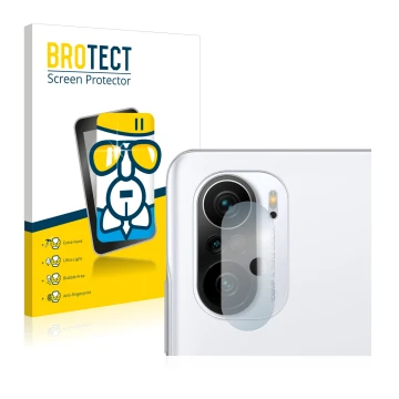 Front side of a product packaging with the brand logo BROTECT. Next to it is the device Xiaomi Poco F3 (ONLY Camera Lens) show