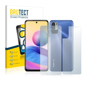 Front side of a product packaging with the brand logo BROTECT. Next to it is the device Xiaomi Redmi Note 10 5G (Front+Back) s