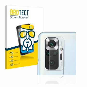 Front side of a product packaging with the brand logo BROTECT. Next to it is the device Xiaomi Redmi Note 10 Pro (ONLY Camera 