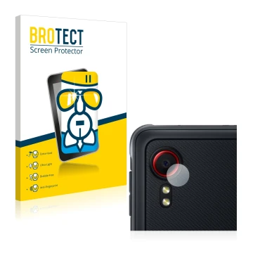 Front side of a product packaging with the brand logo BROTECT. Next to it is the device Samsung Galaxy XCover 5 (ONLY Camera L