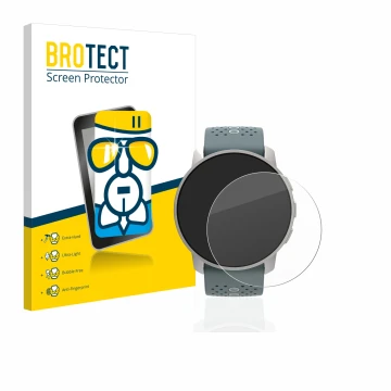 Front side of a product packaging with the brand logo BROTECT. Next to it is the device Suunto 9 Peak shown with the correspon