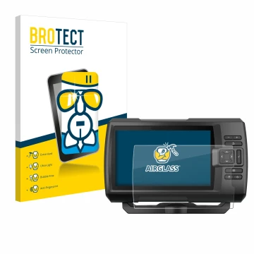 Front side of a product packaging with the brand logo BROTECT. Next to it is the device Garmin Striker Vivid 7cv shown with th