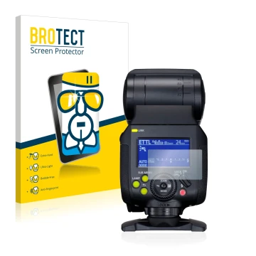 Front side of a product packaging with the brand logo BROTECT. Next to it is the device Canon Speedlite EL-1 shown with the co