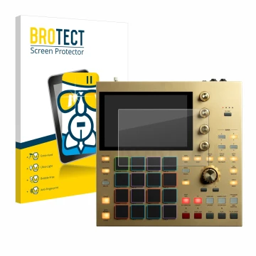 Front side of a product packaging with the brand logo BROTECT. Next to it is the device Akai MPC One shown with the correspond