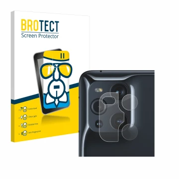 Front side of a product packaging with the brand logo BROTECT. Next to it is the device Oppo Find X3 Pro (ONLY Camera Lens) sh