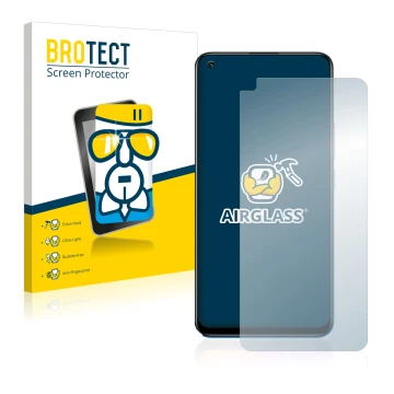 Front side of a product packaging with the brand logo BROTECT. Next to it is the device realme 8 Pro shown with the correspond